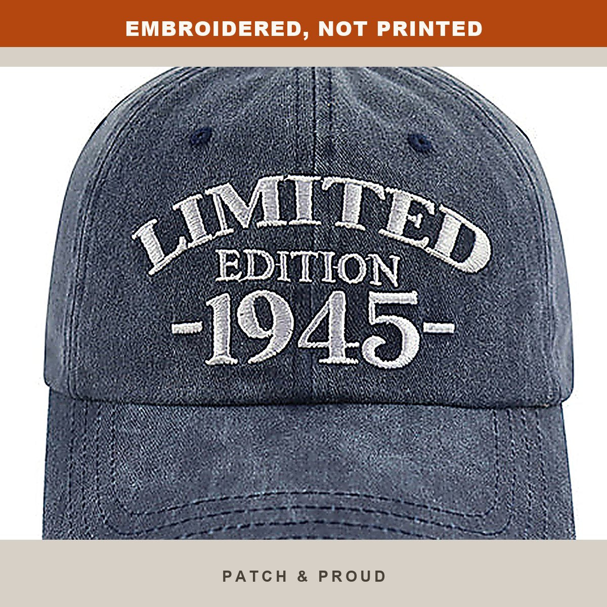 1945 Birth Year Embroidered Cap - Navy - close-up of the front design
