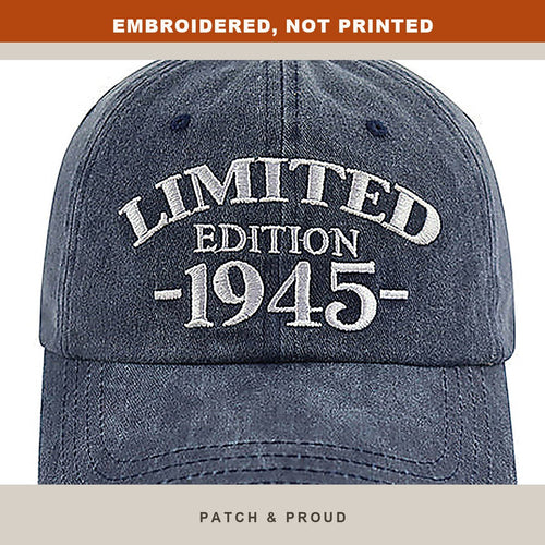 1945 Birth Year Embroidered Cap - Navy - close-up of the front design
