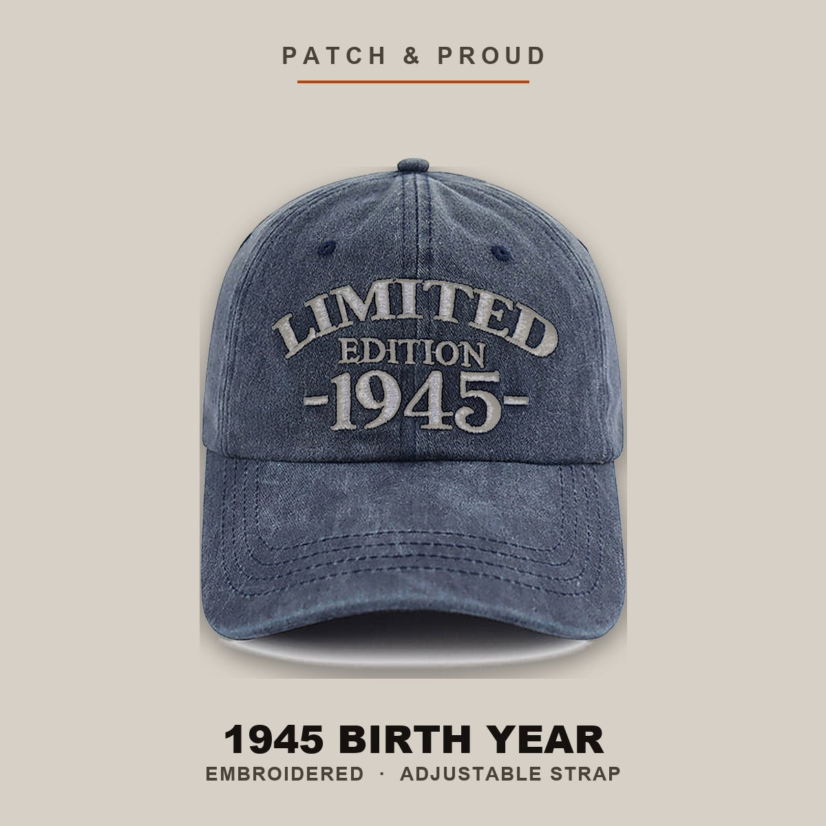 1945 Birth Year Embroidered Cap - Navy - shown on a canvas backdrop
