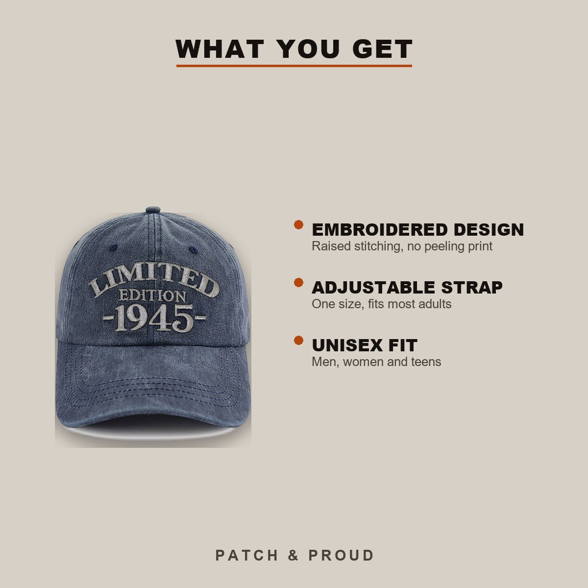 1945 Birth Year Embroidered Cap - Navy - features and fit