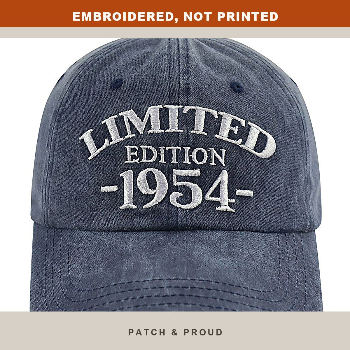 1954 Birth Year Embroidered Cap - Navy - close-up of the front design