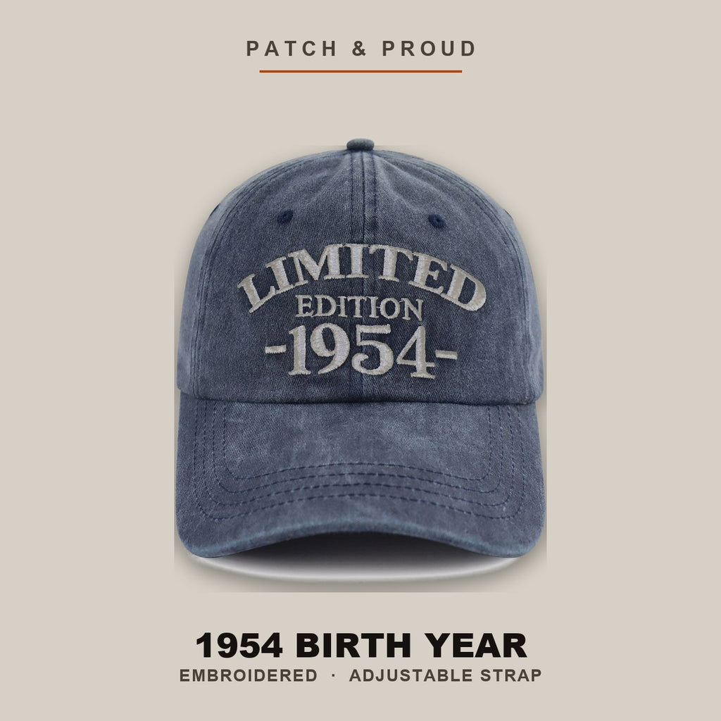 1954 Birth Year Embroidered Cap - Navy - shown on a canvas backdrop