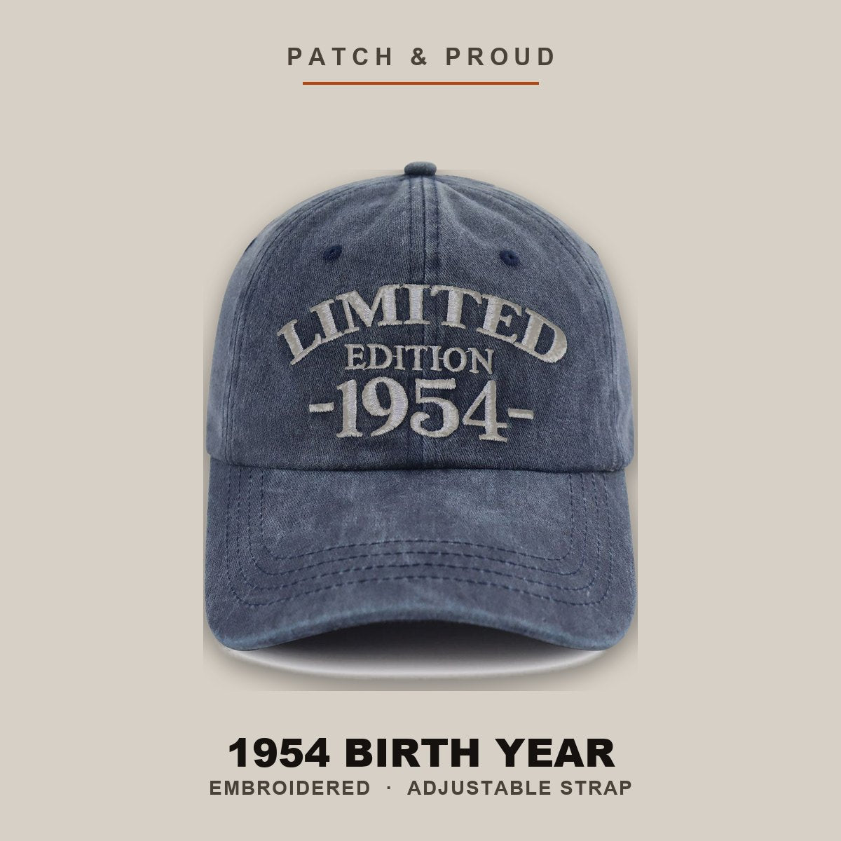 1954 Birth Year Embroidered Cap - Navy - shown on a canvas backdrop