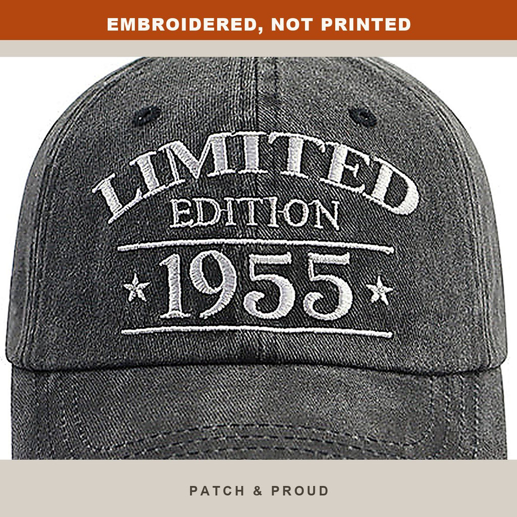 1955 Birth Year Vintage Wash Cap - close-up of the front design