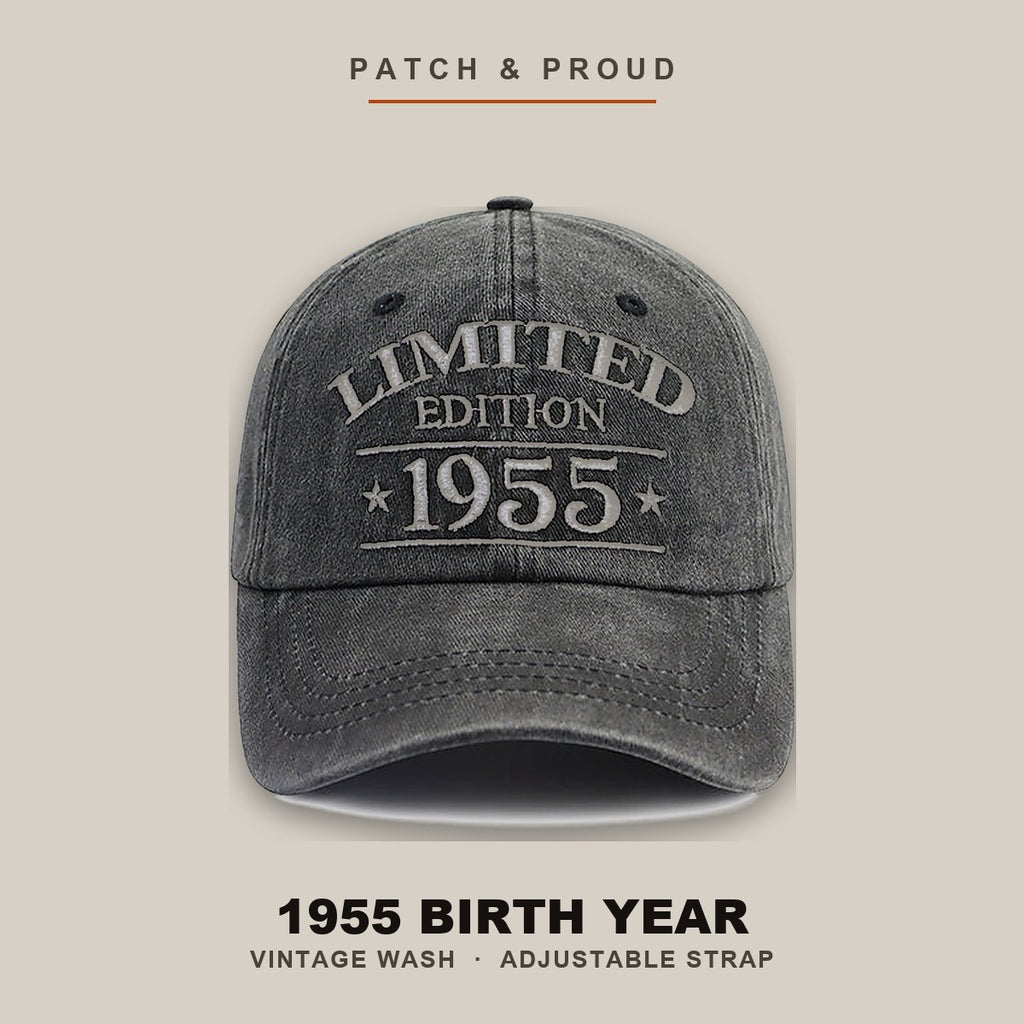 1955 Birth Year Vintage Wash Cap - shown on a canvas backdrop