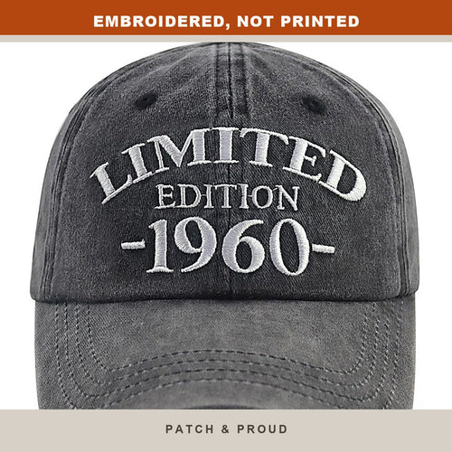 1960 Birth Year Embroidered Cap - Black - close-up of the front design