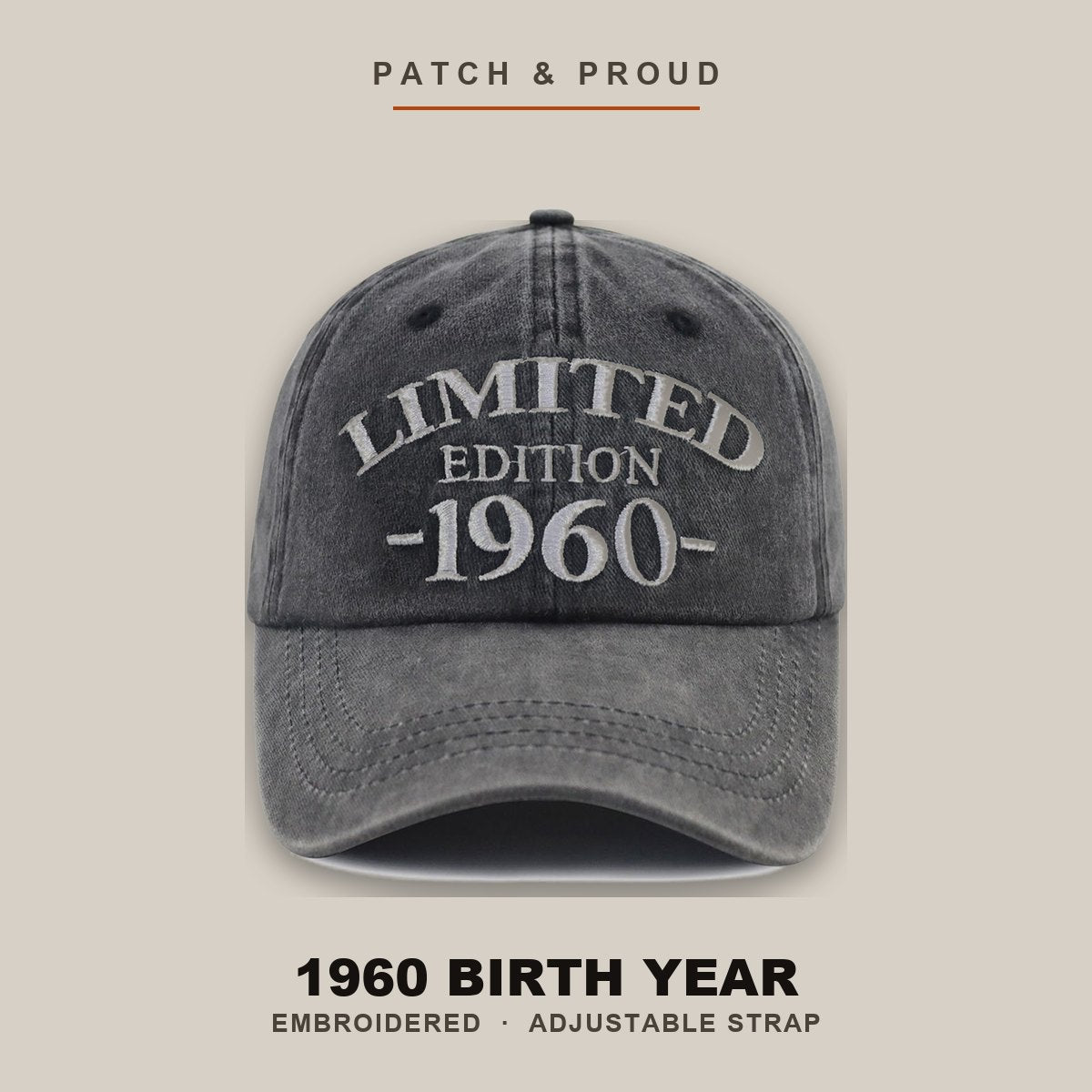 1960 Birth Year Embroidered Cap - Black - shown on a canvas backdrop