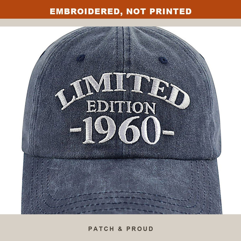 1960 Birth Year Embroidered Cap - Navy - close-up of the front design