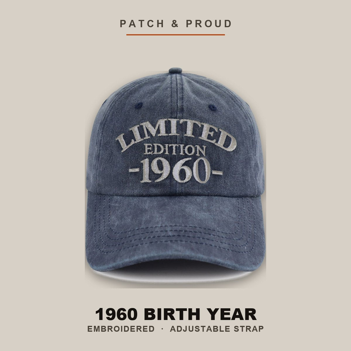 1960 Birth Year Embroidered Cap - Navy - shown on a canvas backdrop