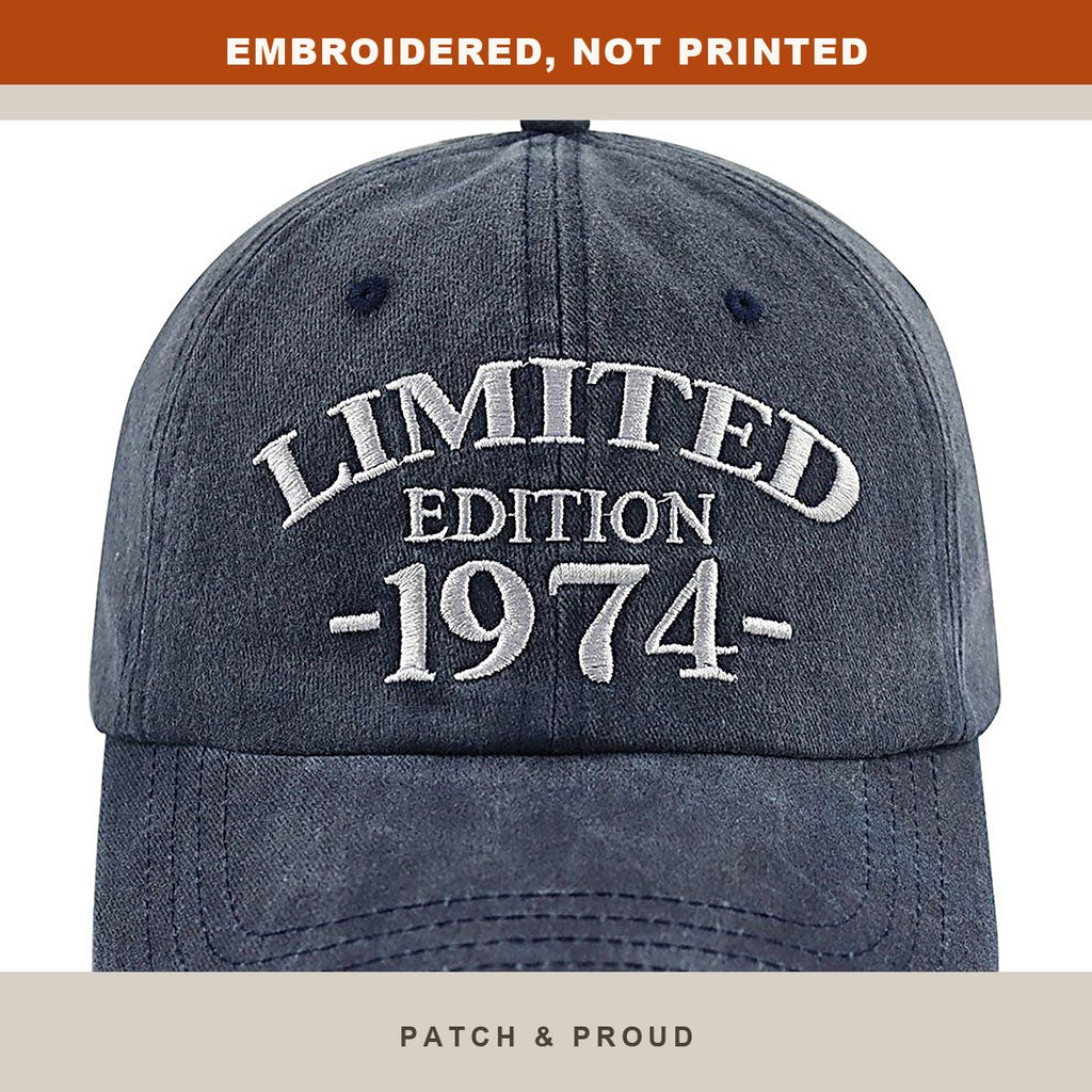 1974 Birth Year Embroidered Cap - Navy - close-up of the front design