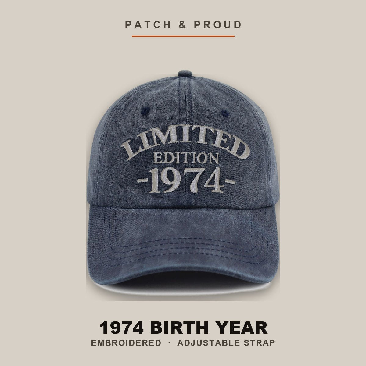 1974 Birth Year Embroidered Cap - Navy - shown on a canvas backdrop