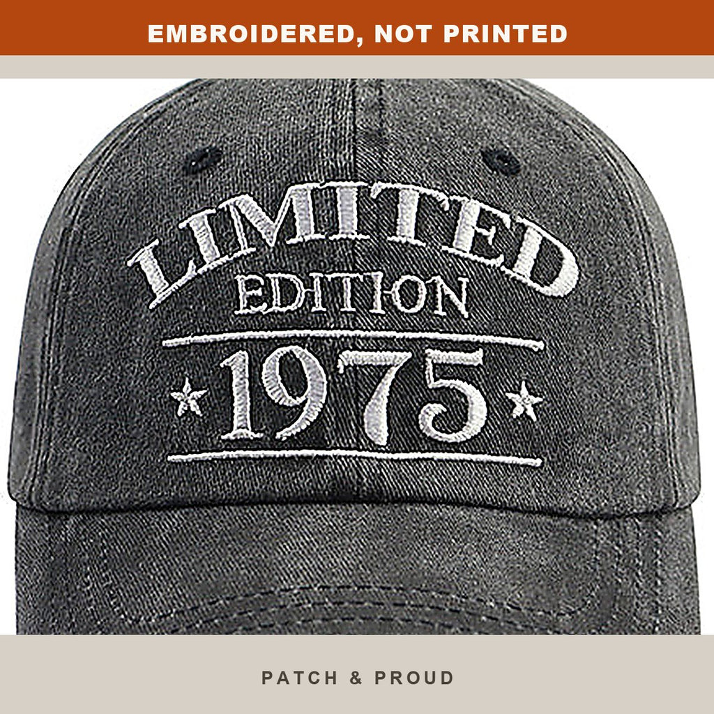1975 Birth Year Vintage Wash Cap - close-up of the front design