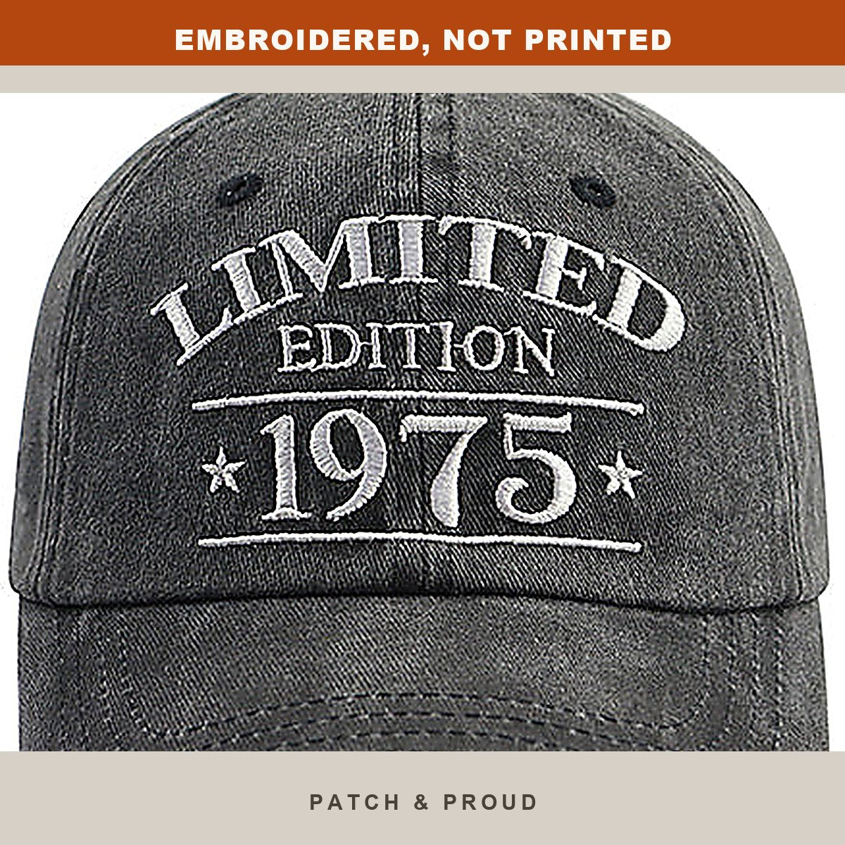 1975 Birth Year Vintage Wash Cap - close-up of the front design