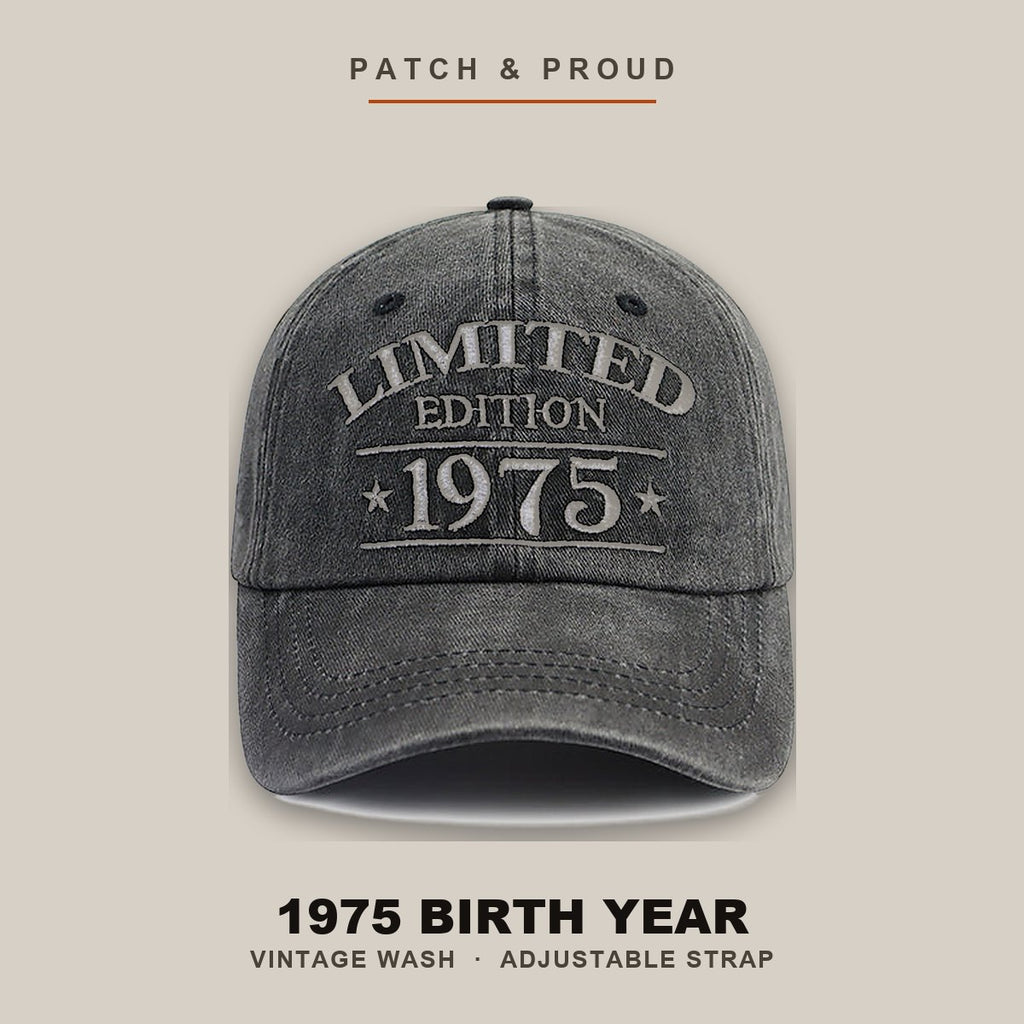 1975 Birth Year Vintage Wash Cap - shown on a canvas backdrop