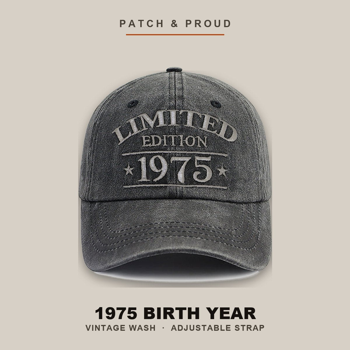 1975 Birth Year Vintage Wash Cap - shown on a canvas backdrop