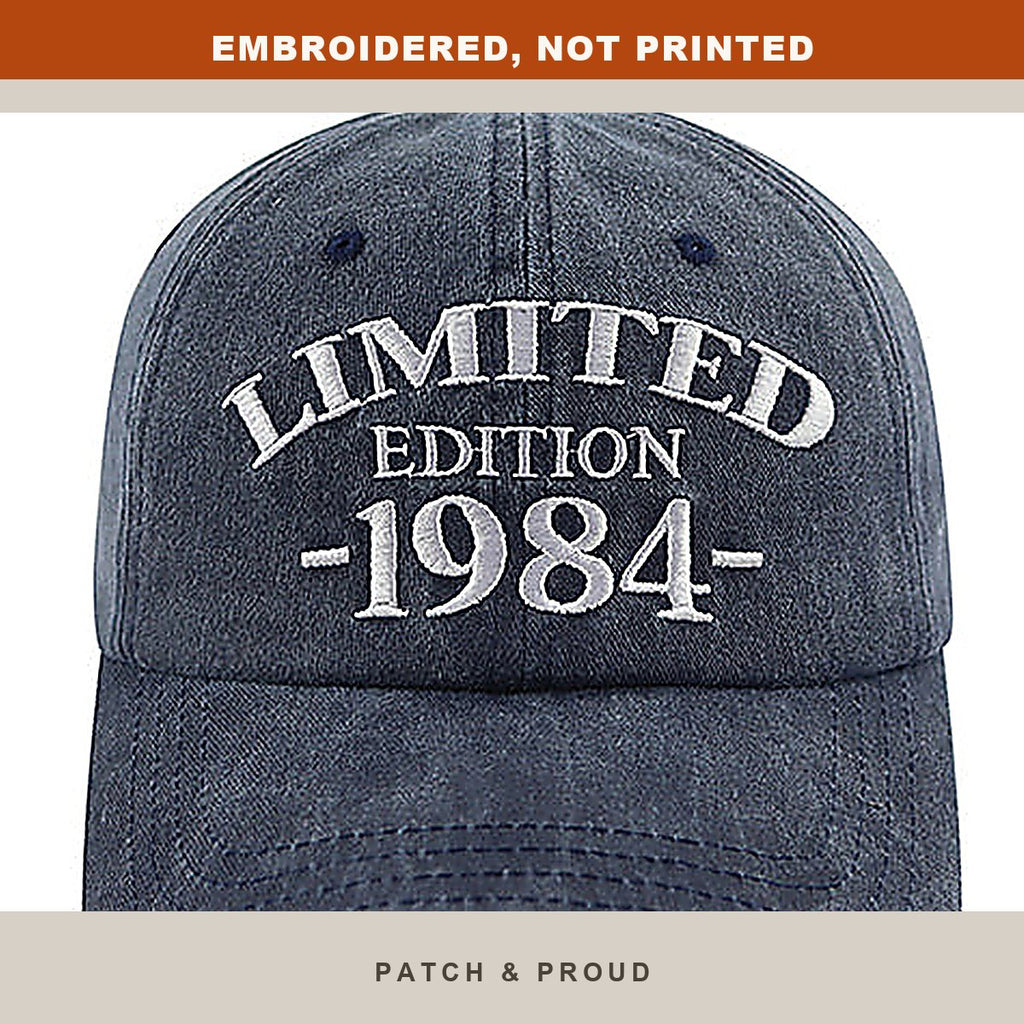 1984 Birth Year Embroidered Cap - Navy - close-up of the front design
