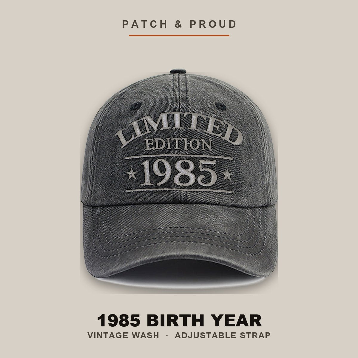 1985 Birth Year Vintage Wash Cap - shown on a canvas backdrop