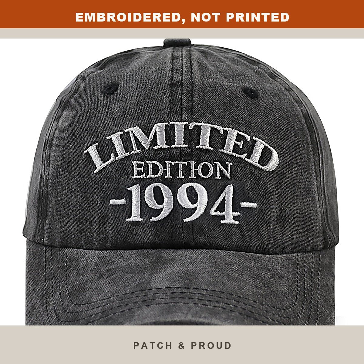 1994 Birth Year Embroidered Cap - Black - close-up of the front design