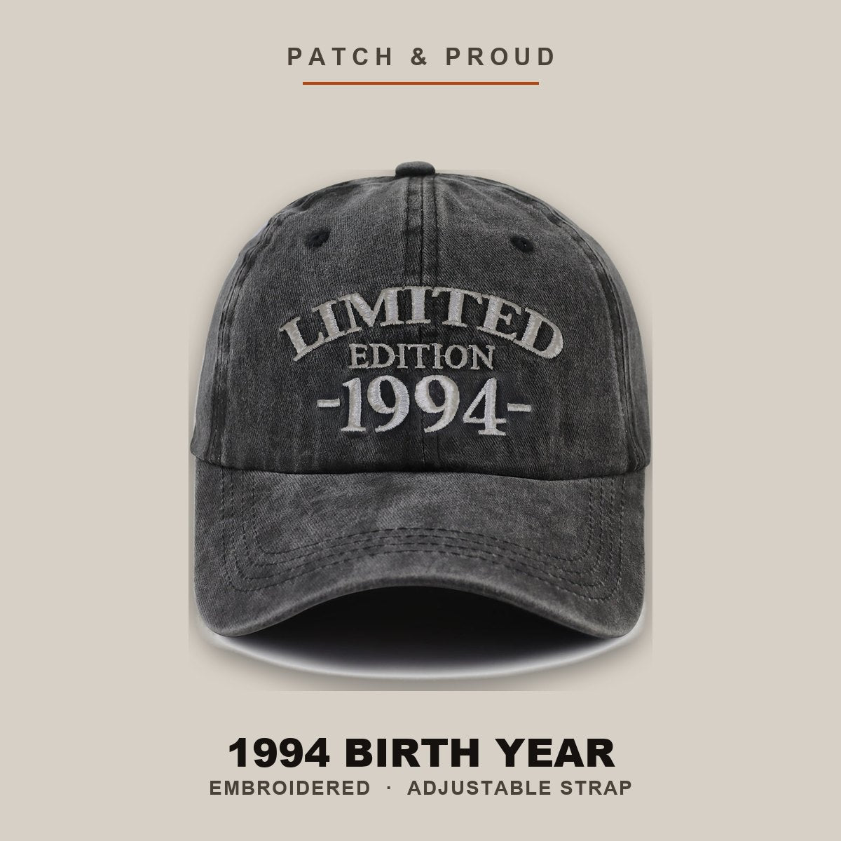1994 Birth Year Embroidered Cap - Black - shown on a canvas backdrop