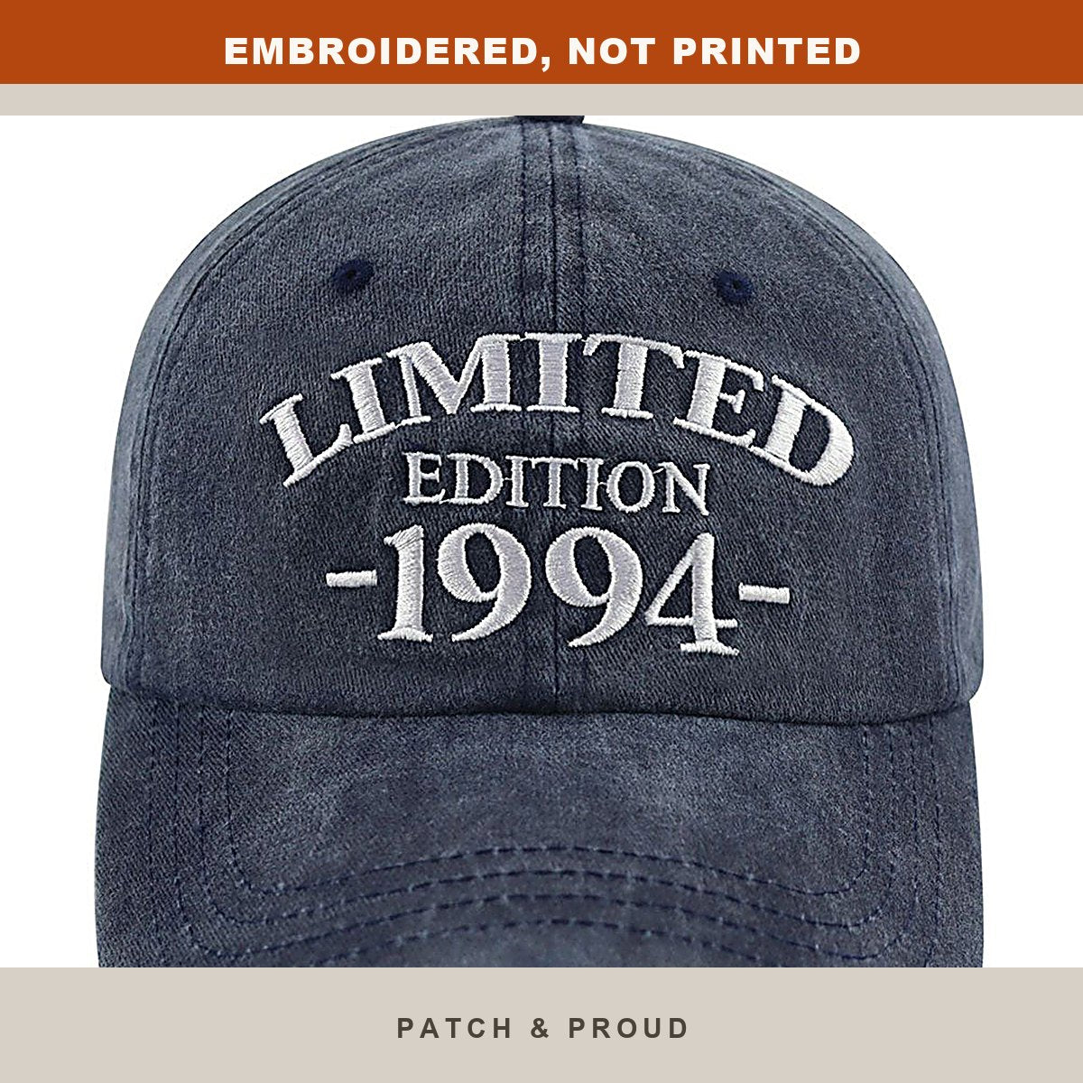 1994 Birth Year Embroidered Cap - Navy - close-up of the front design