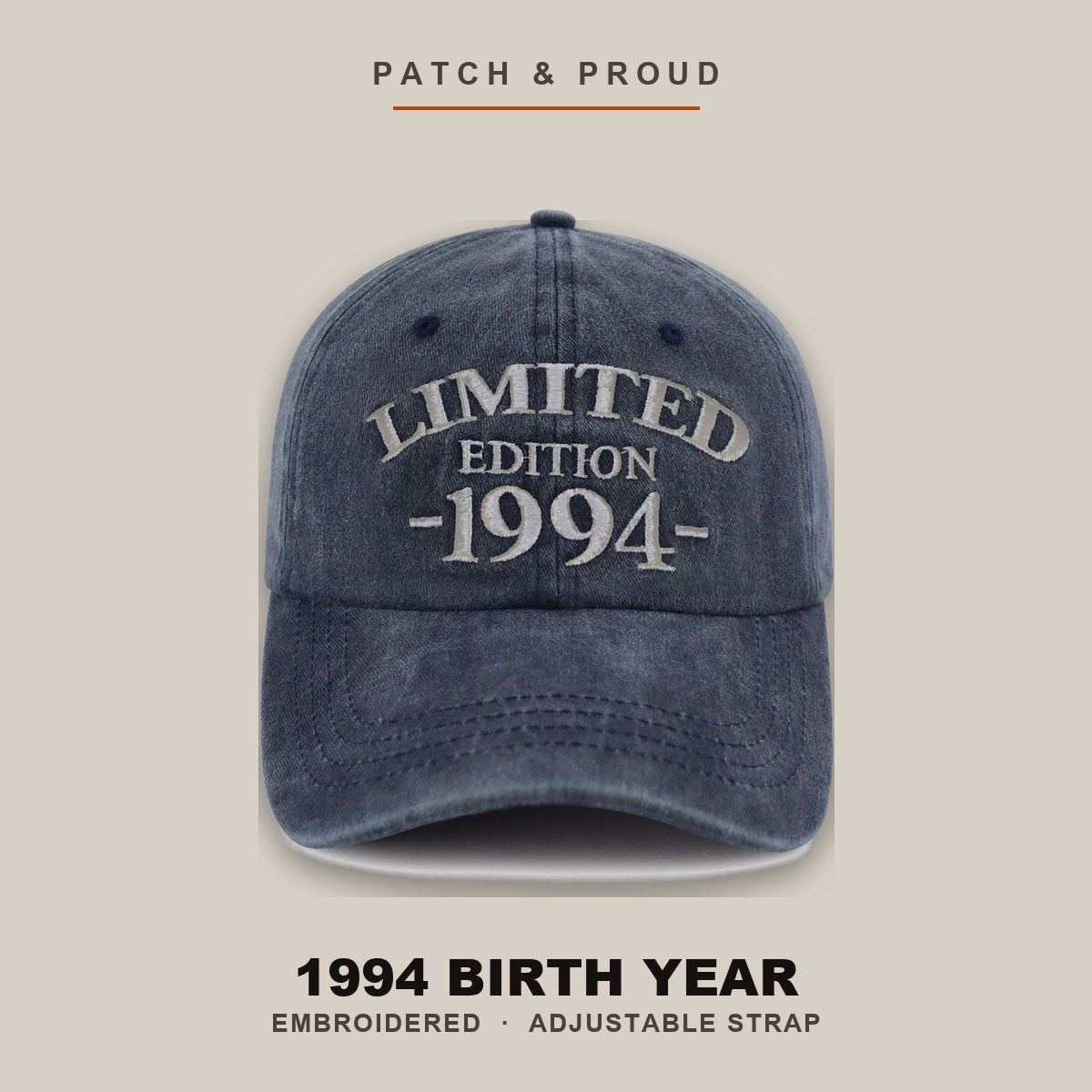 1994 Birth Year Embroidered Cap - Navy - shown on a canvas backdrop