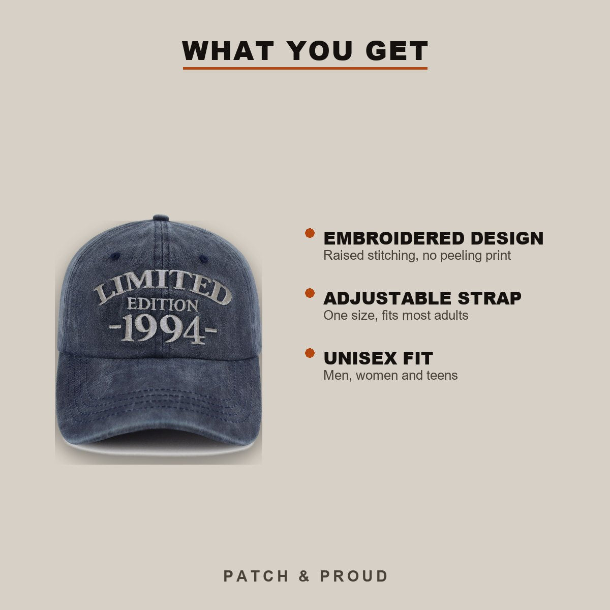 1994 Birth Year Embroidered Cap - Navy - features and fit