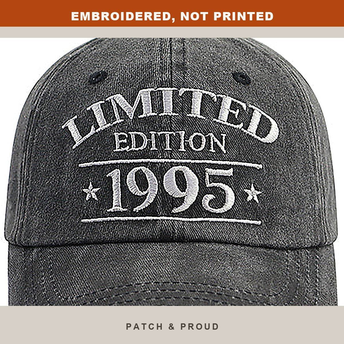 1995 Birth Year Vintage Wash Cap - close-up of the front design