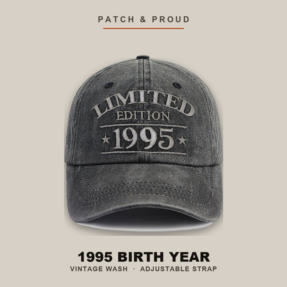 1995 Birth Year Vintage Wash Cap - shown on a canvas backdrop