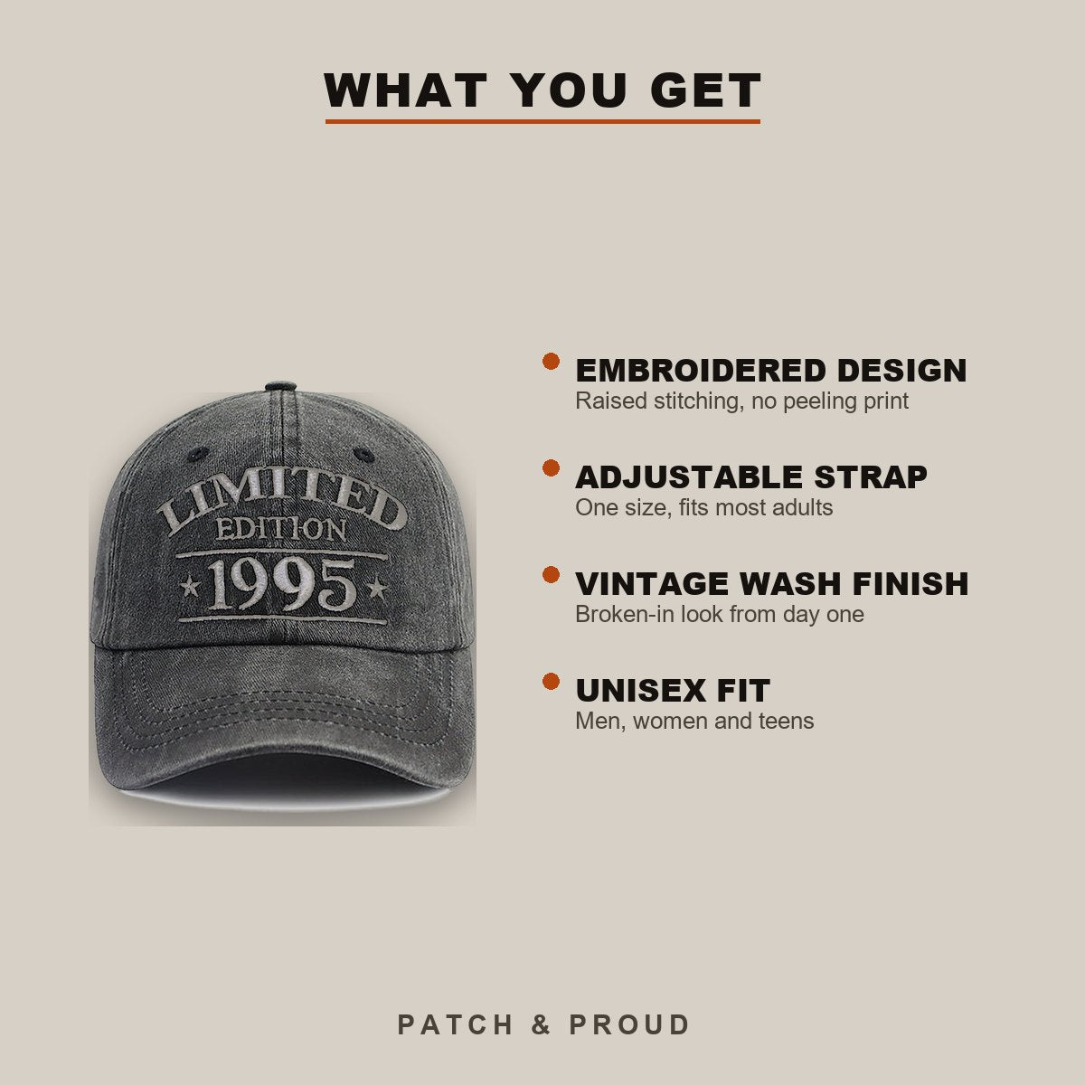 1995 Birth Year Vintage Wash Cap - features and fit