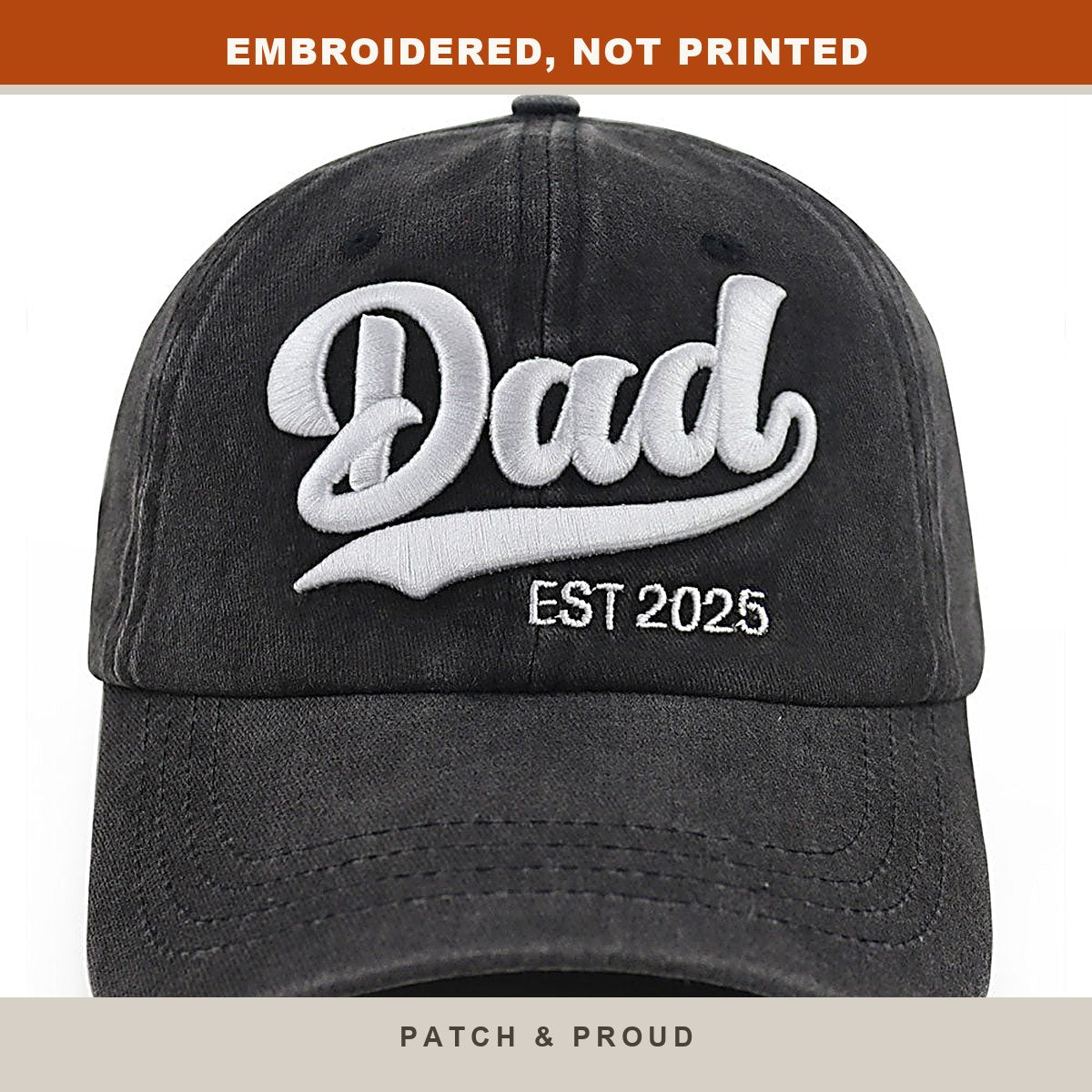 Dad Est. 2025 Vintage Wash Cap - close-up of the front design