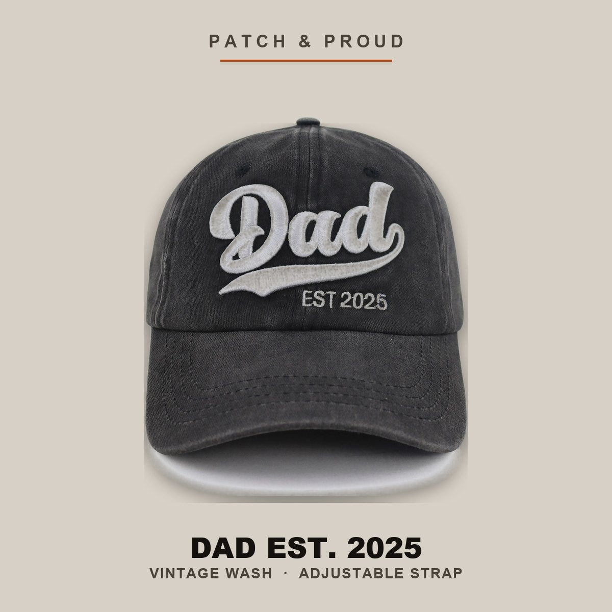 Dad Est. 2025 Vintage Wash Cap - shown on a canvas backdrop