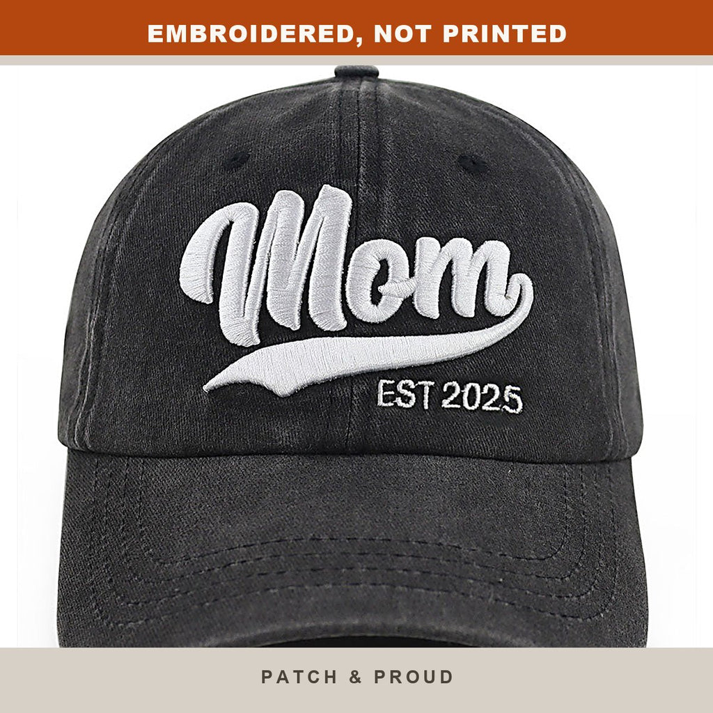 Mom Est. 2025 Vintage Wash Cap - close-up of the front design