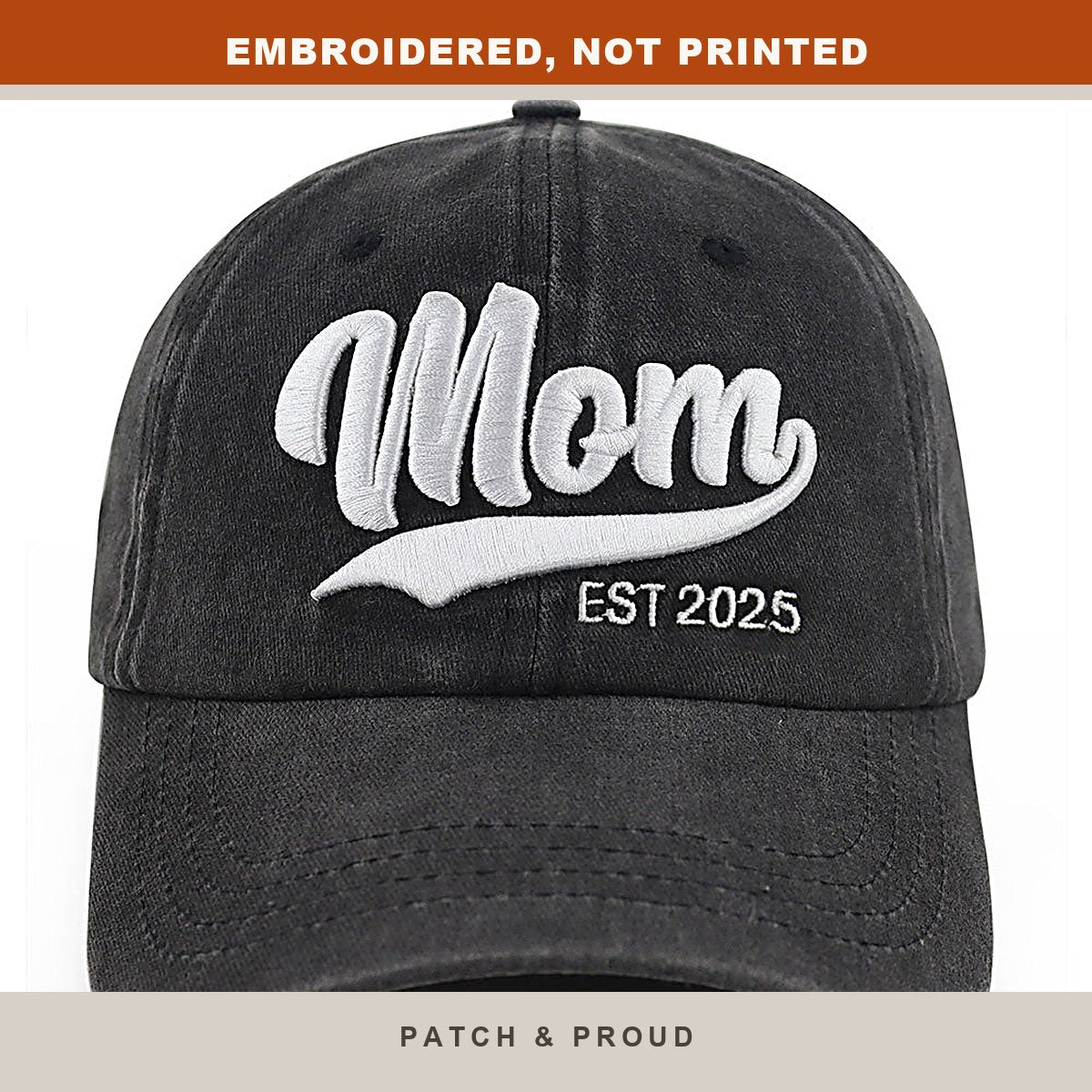 Mom Est. 2025 Vintage Wash Cap - close-up of the front design