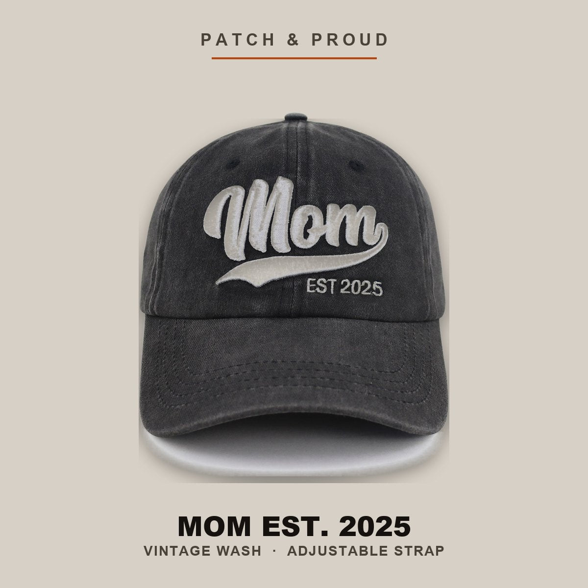 Mom Est. 2025 Vintage Wash Cap - shown on a canvas backdrop