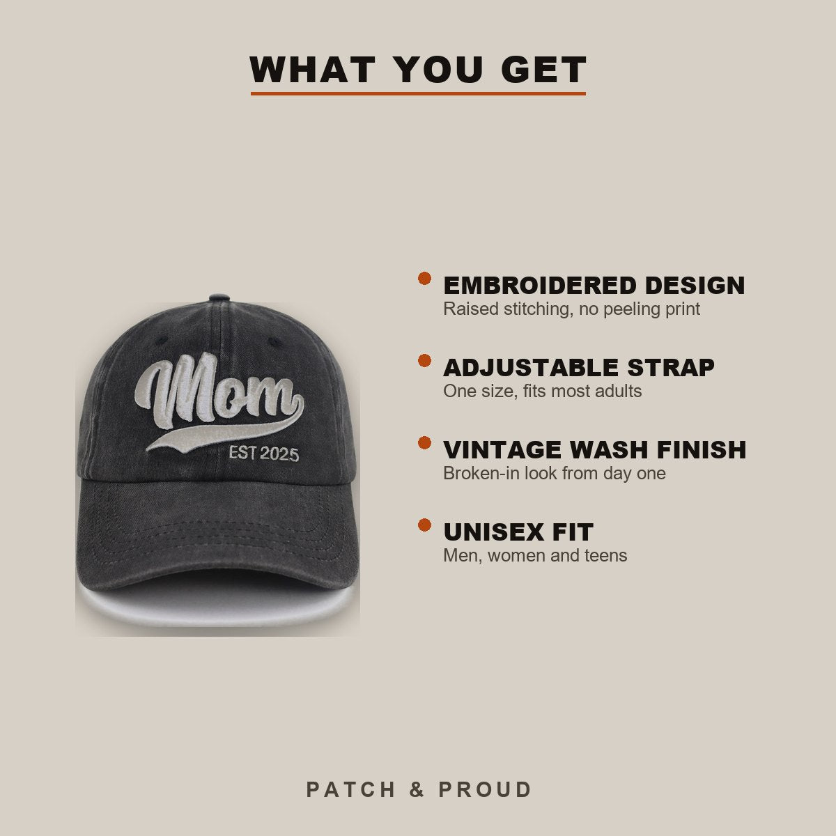 Mom Est. 2025 Vintage Wash Cap - features and fit