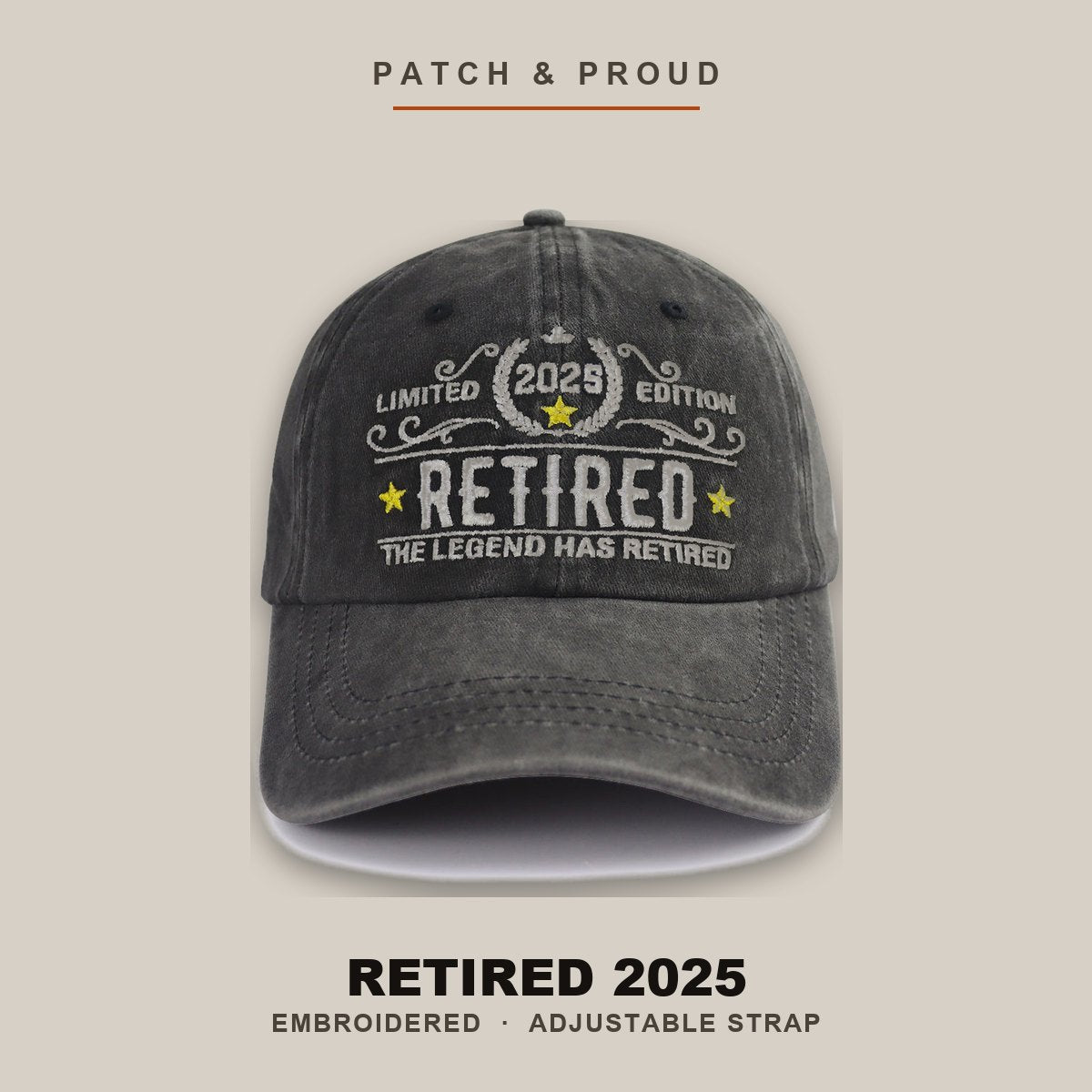 Retired 2025 Embroidered Cap - shown on a canvas backdrop