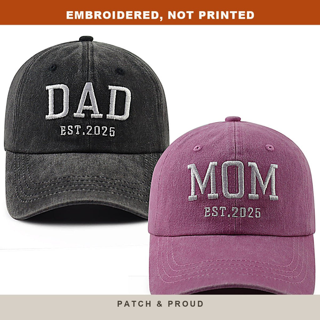 Mom and Dad Est. 2025 Caps - Set of 2 - close-up of the front design