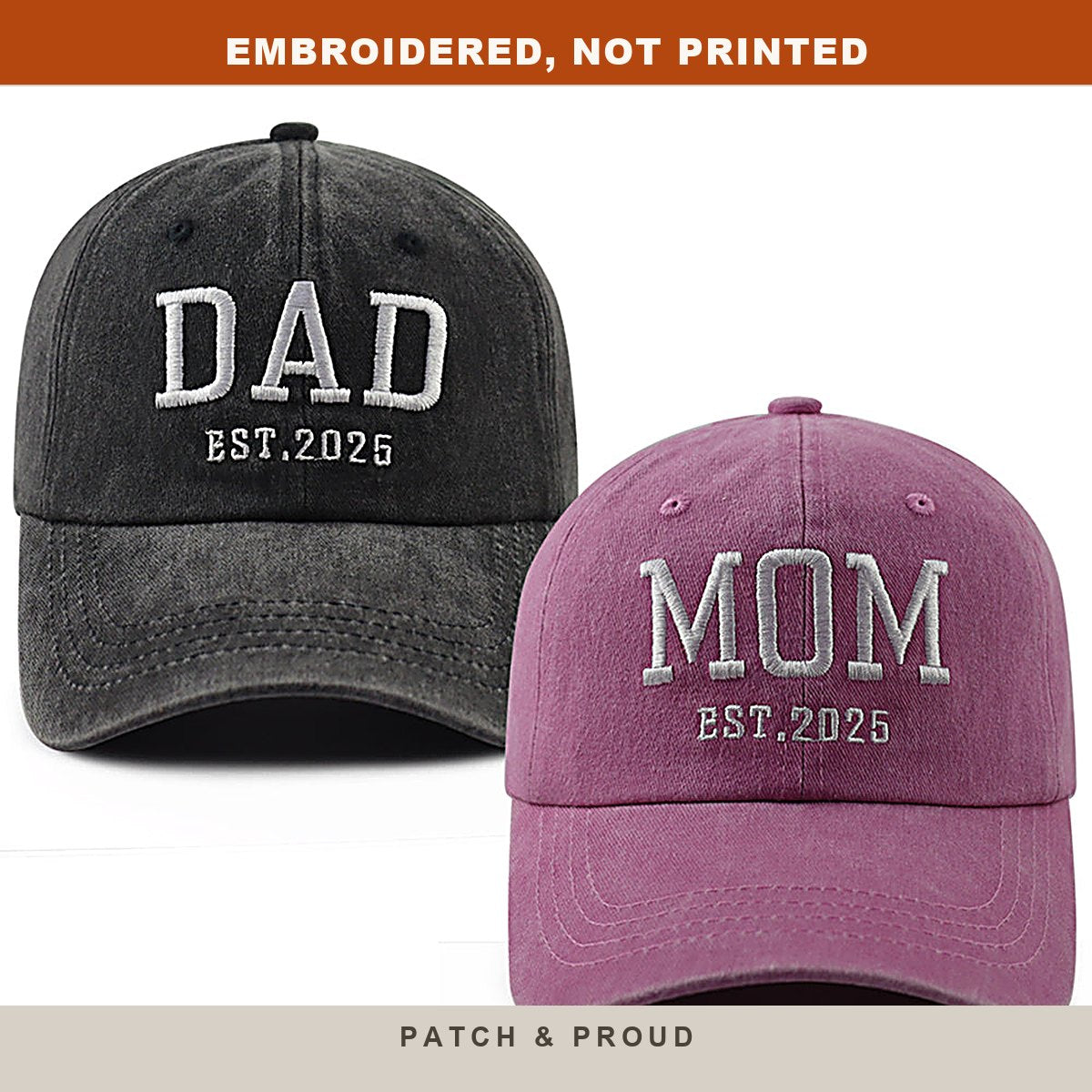 Mom and Dad Est. 2025 Caps - Set of 2 - close-up of the front design