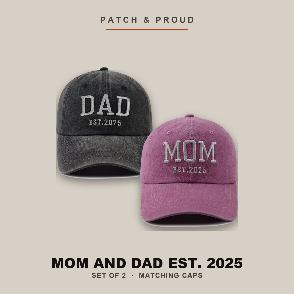 Mom and Dad Est. 2025 Caps - Set of 2 - shown on a canvas backdrop