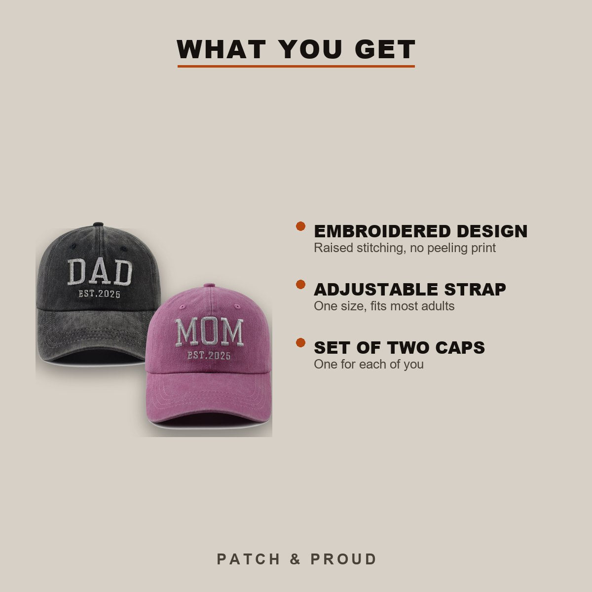 Mom and Dad Est. 2025 Caps - Set of 2 - features and fit