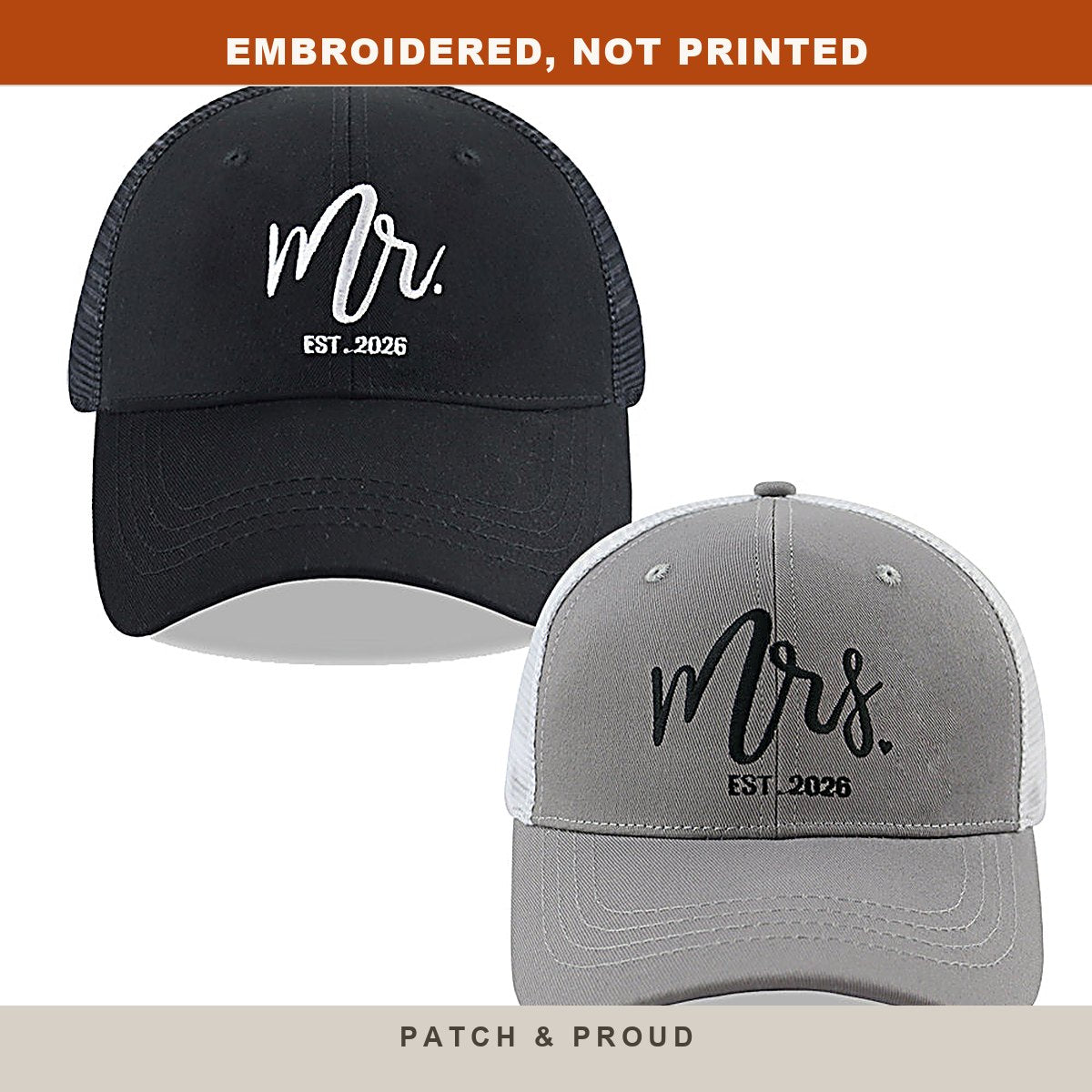 Mr and Mrs 2026 Trucker Caps - Set of 2 - close-up of the front design