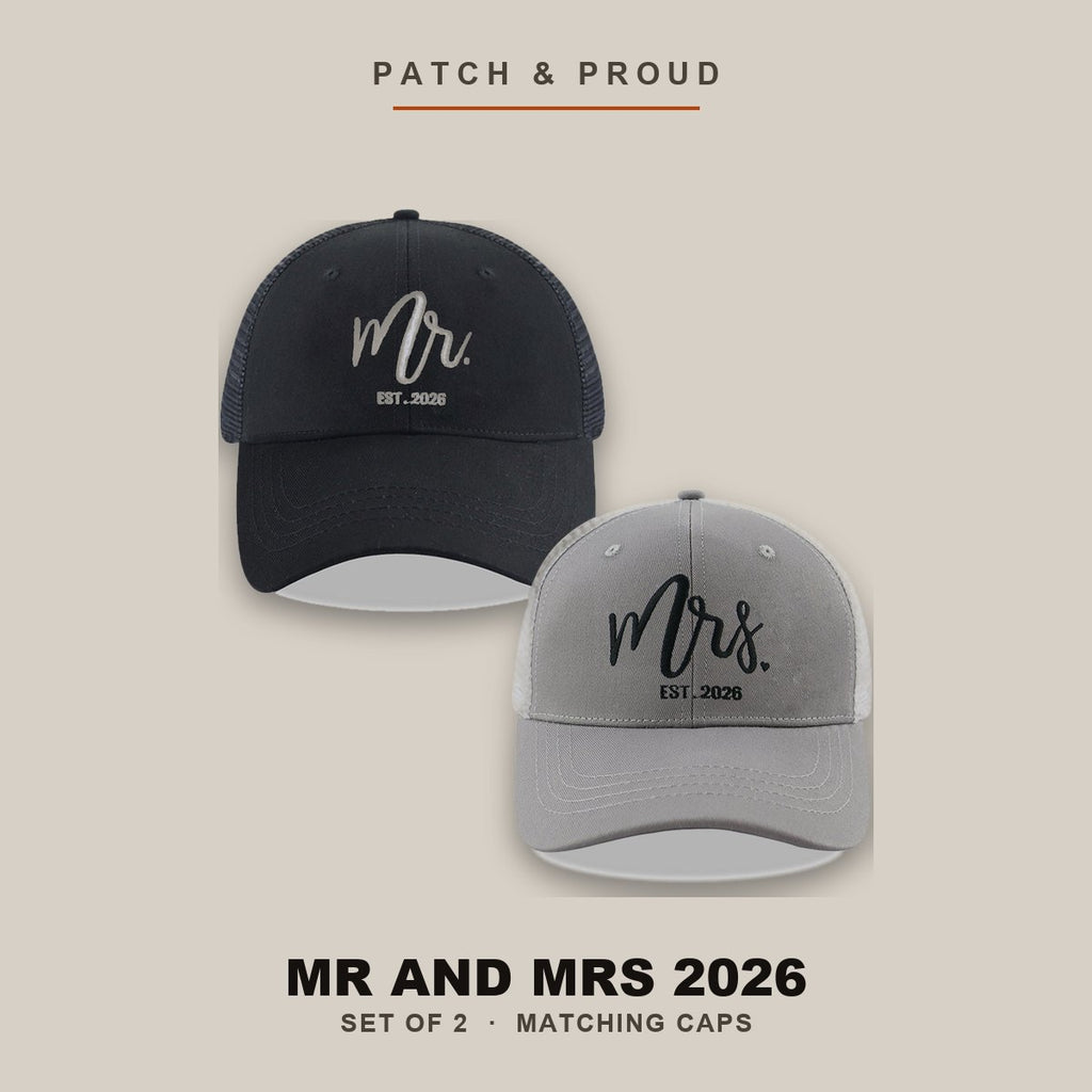 Mr and Mrs 2026 Trucker Caps - Set of 2 - shown on a canvas backdrop