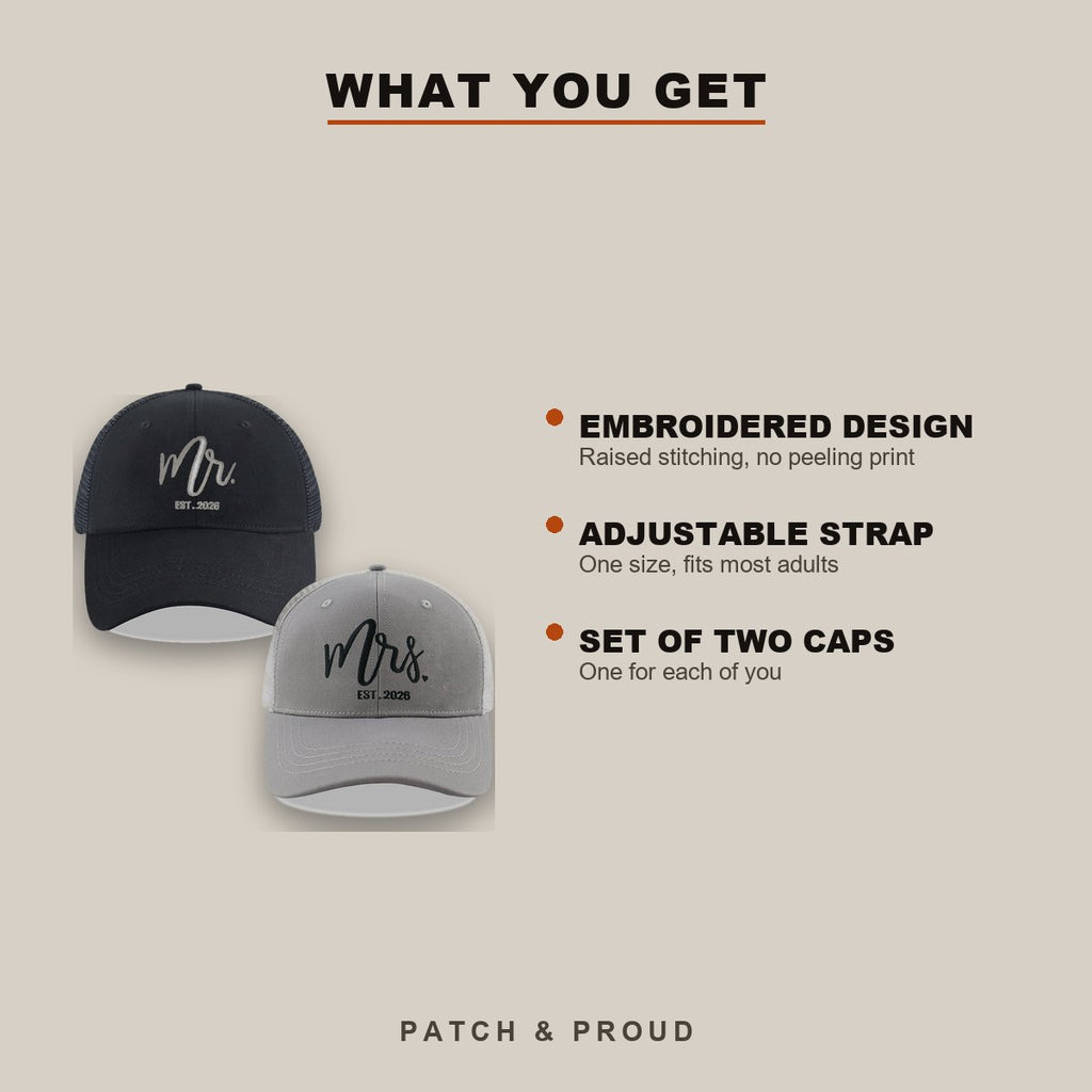 Mr and Mrs 2026 Trucker Caps - Set of 2 - features and fit