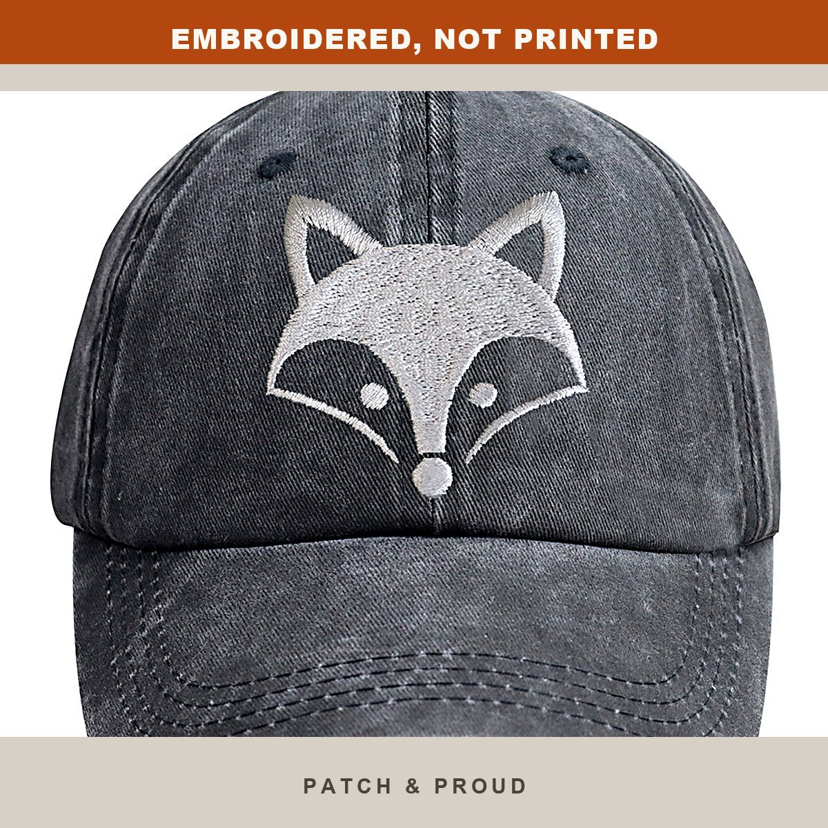 3D Fox Head Embroidered Cap - close-up of the front design