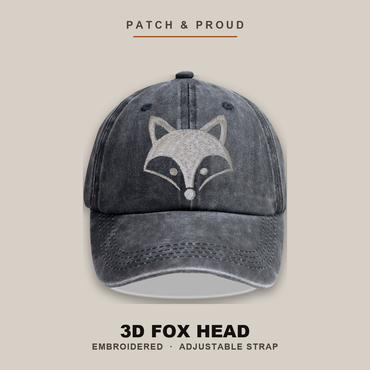 3D Fox Head Embroidered Cap - shown on a canvas backdrop
