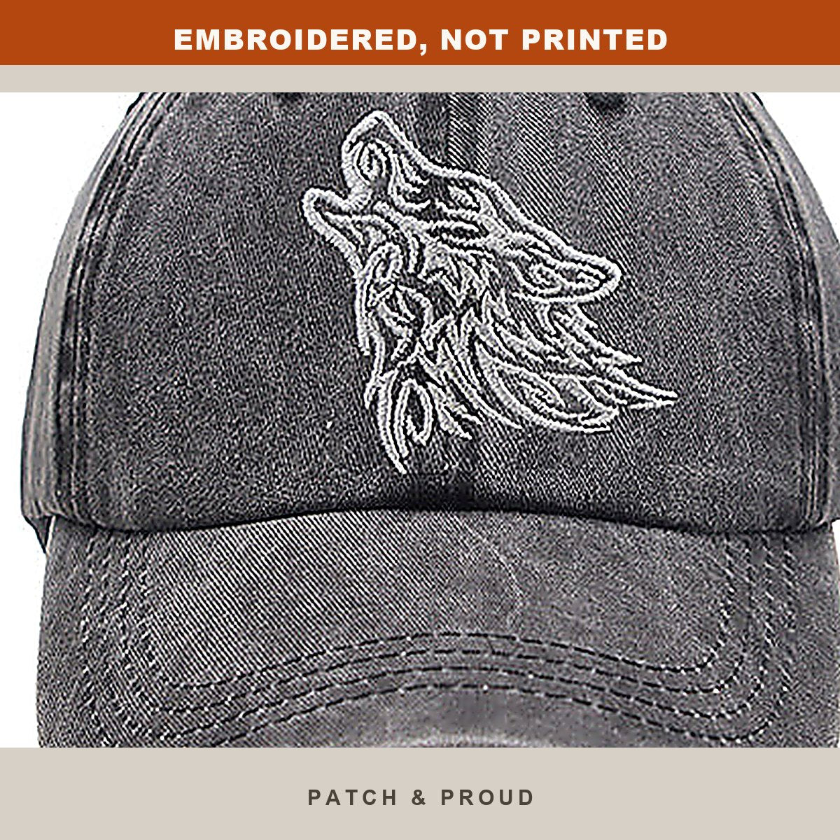Tribal Wolf Howl Embroidered Cap - close-up of the front design