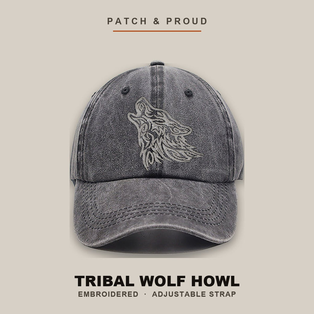 Tribal Wolf Howl Embroidered Cap - shown on a canvas backdrop