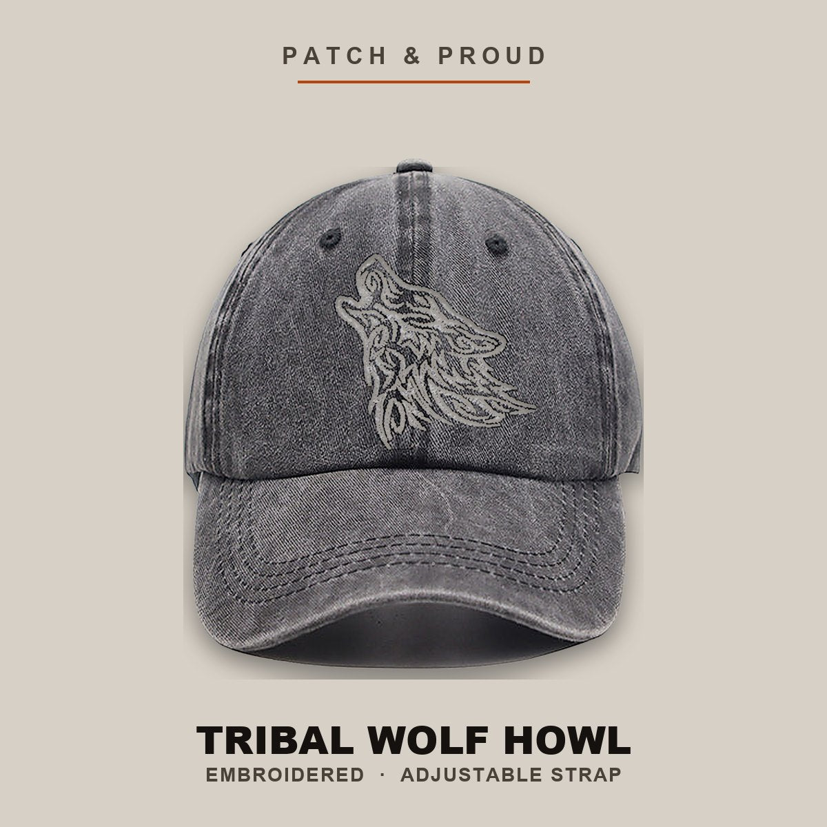 Tribal Wolf Howl Embroidered Cap - shown on a canvas backdrop