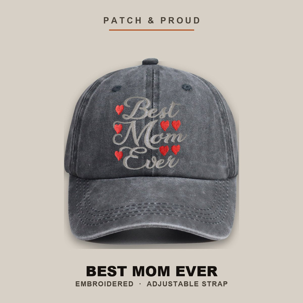 Best Mom Ever Embroidered Cap - shown on a canvas backdrop