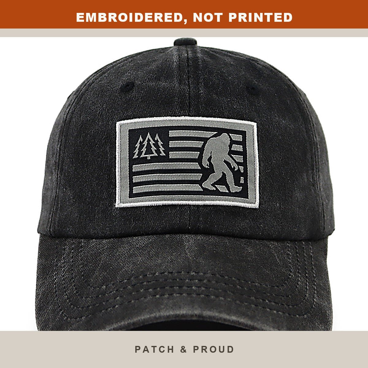 Bigfoot Sasquatch Embroidered Cap - Black - close-up of the front design
